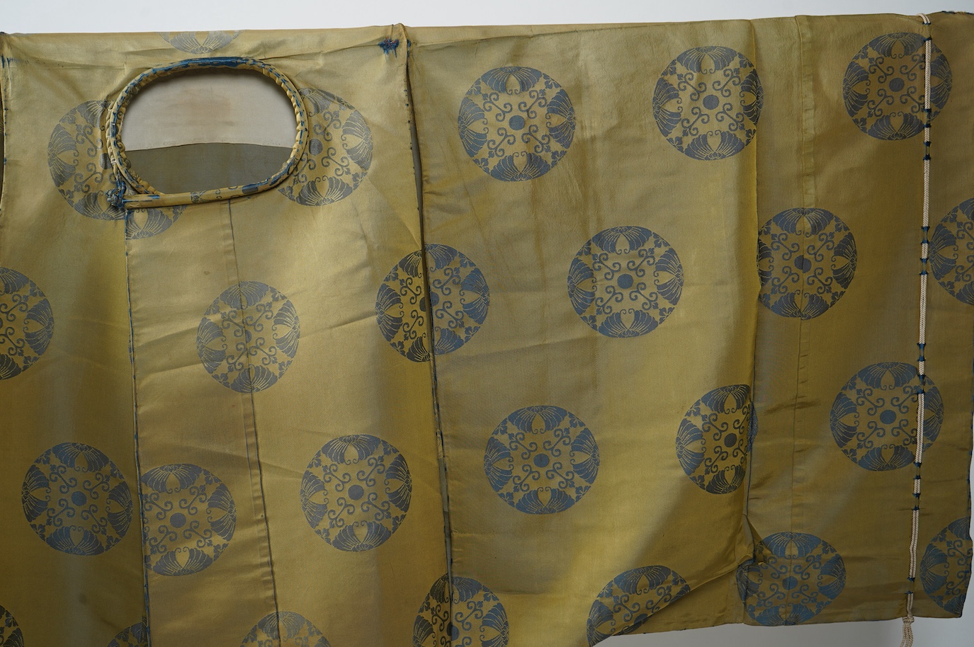 Two 1880-1920 Japanese green silk damask Kariginu, ‘hunting cloth’ robes, worn not as ‘hunting robes’ at this period, but as day wear for high ranking male Imperial Court nobles, traditionally worn with a sash at the wai